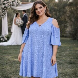 Catherines 5X 34/36W Lace Dress Lined Stretch Flowy Wedding Guest Cold Shoulder